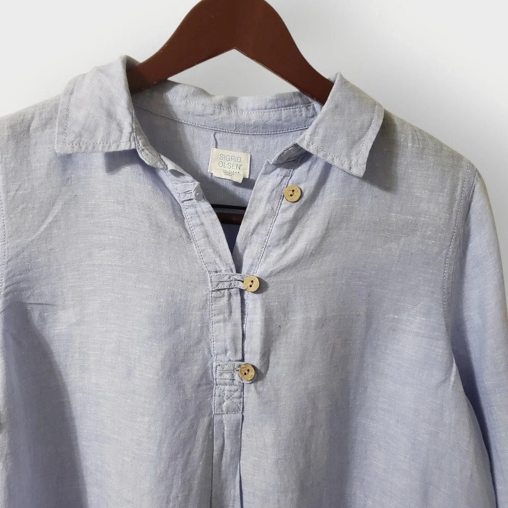 Sigrid Olsen Womens Blue 100% Linen Henley Tunic Shirt Roll Tab Sleeve Small - Picture 2 of 11